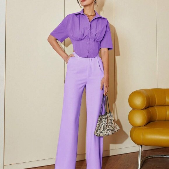 Purple Casual Womens Solid Drop Shoulder Button Front Shirt - Picture 5 of 5